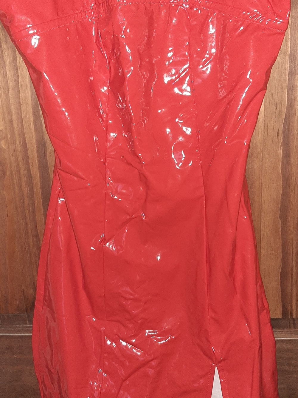 Strapless Vinyl Red Patent Mini Dress with Front Leg Slit NEW - Picture 3 of 6